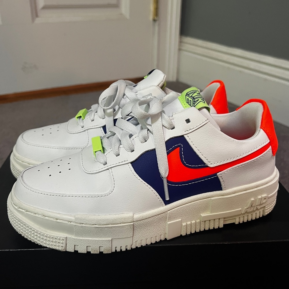 NIKE AF1 PIXEL, basically new Air Force 1s with orange and dark blue, white